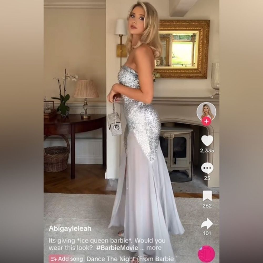 NWT ZARA Barbie Sequin Gray Silver Strapless midi Dress semi-sheer asymmetric